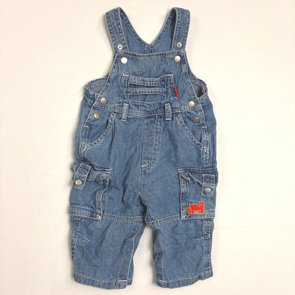 Le Top Kids 12 mo. Blue Denim Barn Embroidered Cargo Overalls Bibs Snap Legs